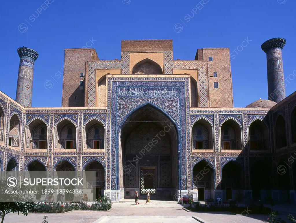 The Registan contains three madrasahs (schools), the Ulugh Beg Madrasah (1417-1420), Tilya-Kori Madrasah (1646-1660) and the Sher-Dor Madrasah (1619-1636). The Ulugh Beg Madrasah has its imposing portal with lancet arch facing the square. The corners are flanked by the high well-proportioned minarets. The mosaic panel over the entrance arch is decorated by geometrical stylized ornaments. The square-shaped courtyard includes a mosque, lecture rooms and is fringed by the dormitory cells in which students lived. There are deep galleries along the axes. Originally the Ulugh Beg Madrasah was a two-storied building with four domed darskhonas (lecture room) at the corners. The madrasah was one of the best clergy universities in the Moslem Orient of the 15th century. Abdurakhman Djami, a prominent poet, scientist and philosopher studied here. Ulugh Beg himself gave lectures here. During Ulugh Beg's government the madrasah was a centre of secular science.