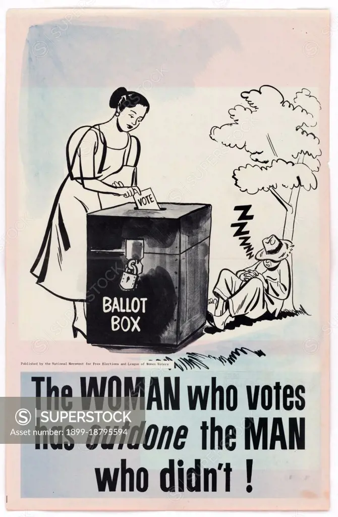 10/8/1951 -  Propaganda Posters Distributed in Asia, ca. 1950s - The Woman Who Votes is better than the man who didn't poster (Woman voting poster)  . 