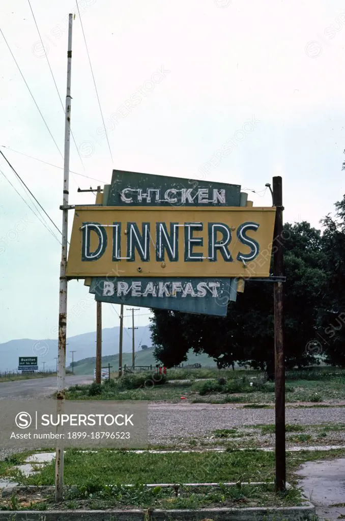 1970s America -  Cafe Dining Cars sign, Buellton, California 1976. 