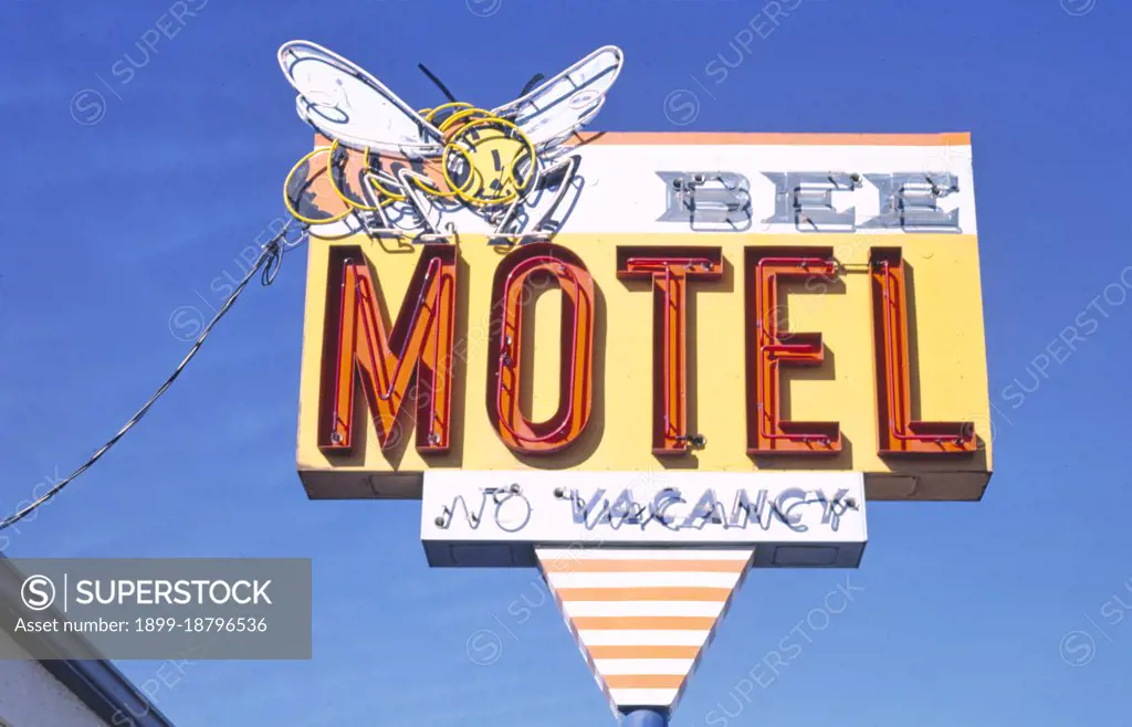 1980s United States -  Bee Motel sign, Route 2, Havre, Montana 1987. 