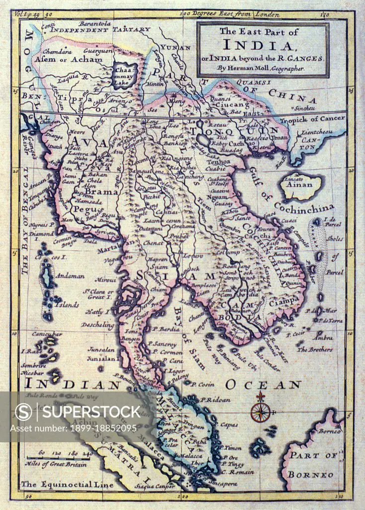 Herman Moll (c. 1654 - September 22, 1732), was a cartographer, engraver, and publisher. Moll produced his earliest maps from studying cartographers such as John Senex and Emanuel Bowen. He probably sold his first maps from a stall in various places in London. From 1688 he had his own shop in Vanley's Court in London's Blackfriars. Between 1691 and 1710 his business was located at the corner of Spring Gardens and Charing Cross, and he finally moved along the River Thames to Beech Street where he remained until his death.