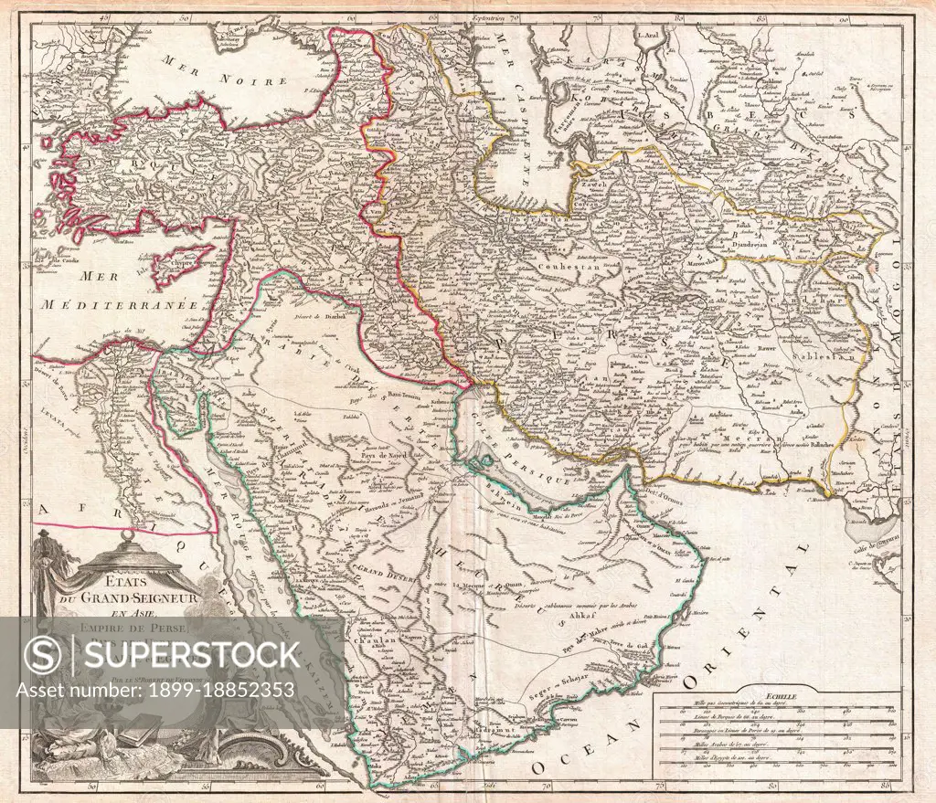 In this 1753 map of the Ottoman Empire. Vaugondy maps the empire at its height, with territory spanning from the Black Sea to the southernmost extension of Arabia and west, inclusive of Persia, as far as the Mongol Empire of India. This includes the modern day nations of Turkey, Egypt, Saudi Arabia, Oman, Yemen, the United Arab Emirates, Iran, Iraq, Kuwait, Israel, Palestine, Jordan, Syria, Lebanon, Armenia, Azerbaijan, Georgia, and parts of Afghanistan, Pakistan, India, Uzbekistan, and Greece. Vaugondy employs all of the latest geographical information of the time incorporating both French and transliterations Arabic place names. Drawn by Robert de Vaugondy in 1753 and published in the 1757 issue of his Atlas Universal.