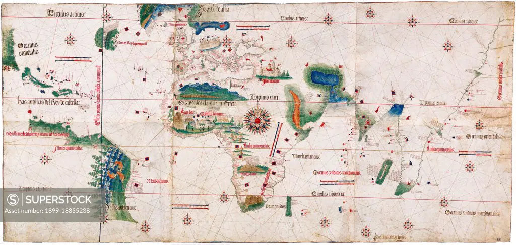 The Cantino planisphere (or Cantino World Map) is the earliest surviving map showing Portuguese geographic discoveries in the east and west. It is named after Alberto Cantino, an agent for the Duke of Ferrara, who successfully smuggled it from Portugal to Italy in 1502. The map is particularly notable for portraying a fragmentary record of the Brazilian coast, discovered in 1500 by the Portuguese explorer Pedro Álvares Cabral, and for depicting the African coast of the Atlantic and Indian Oceans with a remarkable accuracy and detail. It was valuable at the beginning of the sixteenth century because it showed detailed and up-to-date strategic information in a time when geographic knowledge of the world was growing at a fast pace. It is important in our days because it contains unique historical information about the maritime exploration and the evolution of nautical cartography in a particularly interesting period. The Cantino planisphere is the earliest extant nautical chart where plac