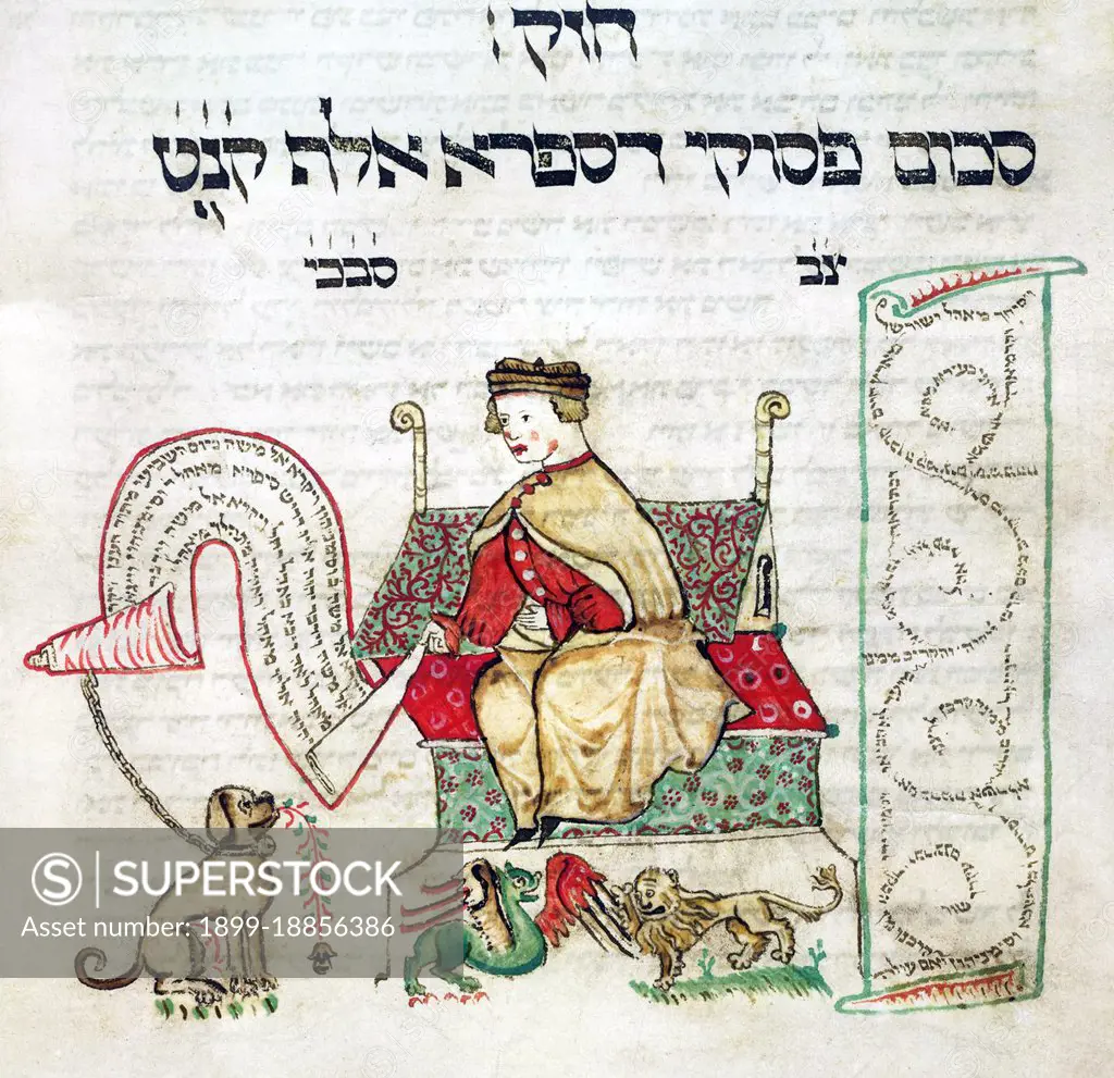 The Coburg Pentateuch, produced c. 1396, includes the Five Books of Moses (the Torah); the Five Scrolls, Haftarot (weekly readings from the Prophets) and grammatical treatises. The text of the Pentateuch was penned in an Ashkenazi square script by a master scribe named Simhah Levi, while the vocalization was done by Samuel bar Abraham of Molerstadt. The other textual parts in the codex were penned and vocalised by other scribes. King Solomon, famed for his justice and wisdom is depicted sitting on a throne shaped like the roof of a building. At his feet there are several animals, most likely hinting at his ability to converse with the animal kingdom.