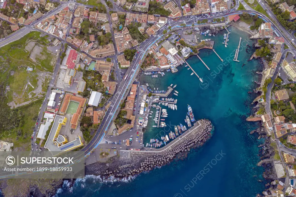 Aerial view of Marina di Ognina. Catania. Sicily. Italy. Europe