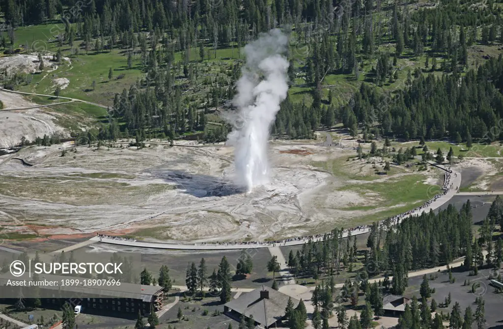 Aerial view of Old Faithful Geyser ; Date:  22 June 2006.