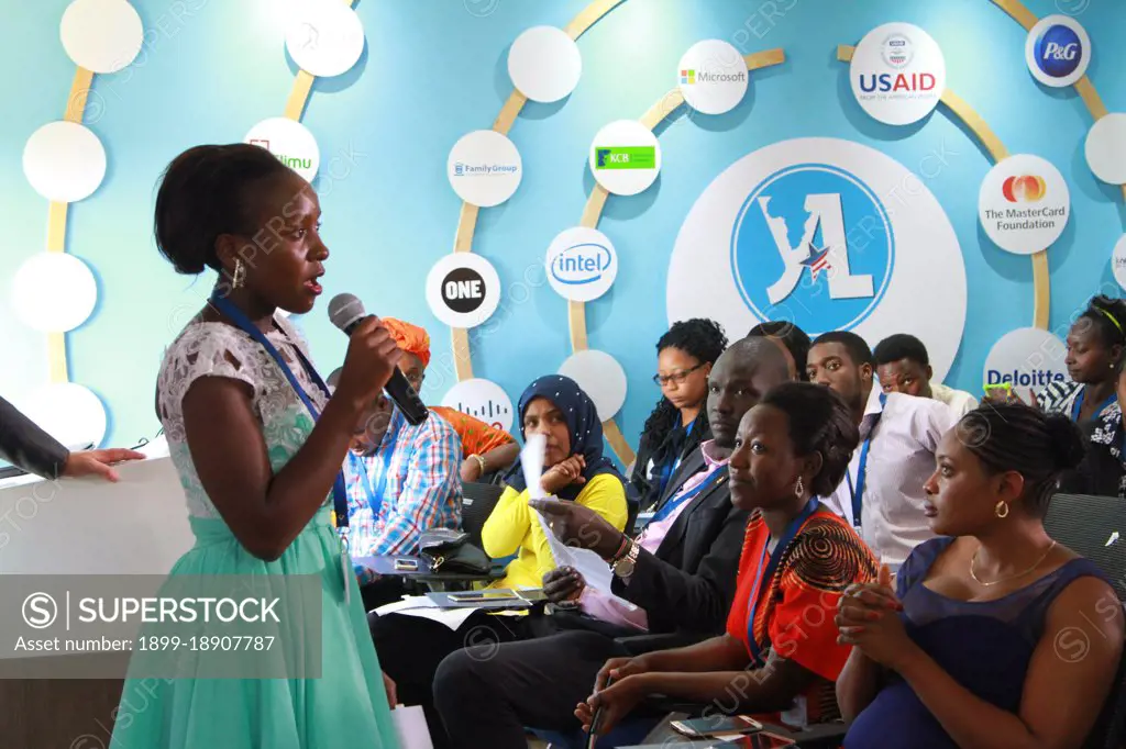 Through the Young African Leaders Initiative (YALI), a young woman speaks to a crowd in Kenya ca. 13 January 2017.