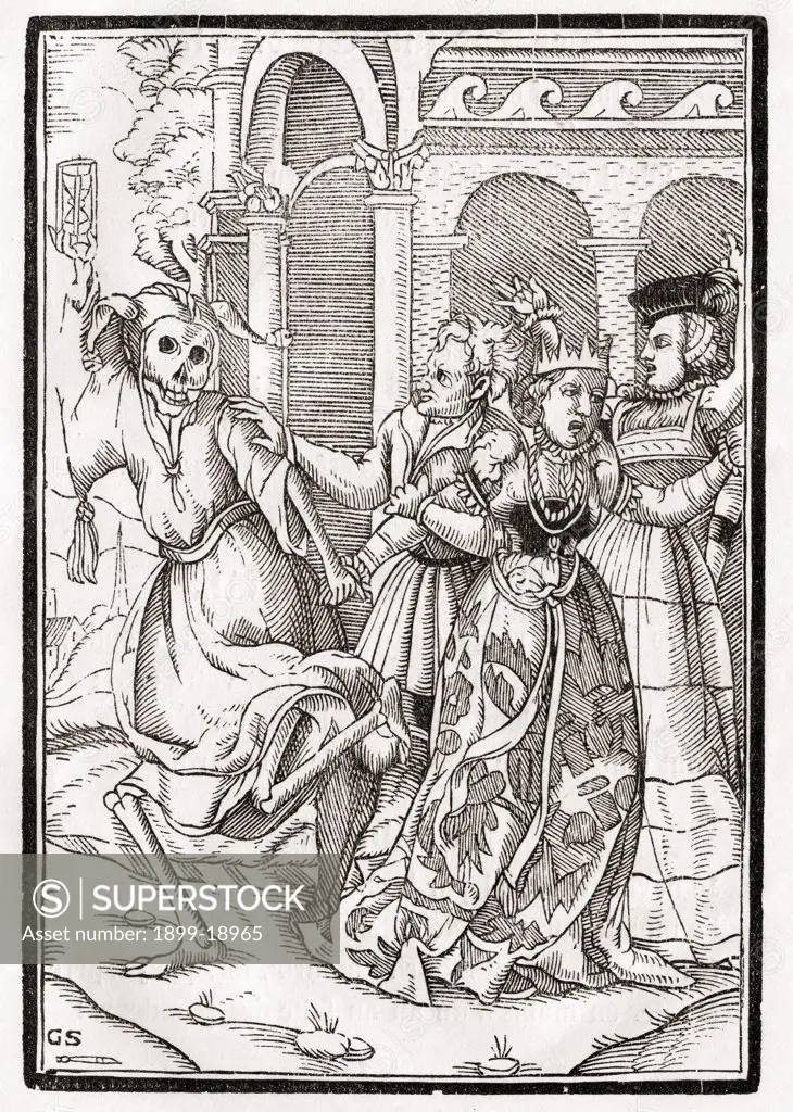 Death comes for the Queen Woodcut by Georg Scharffenberg after Hans Holbein the Younger From Der Todten Tanz or The Dance of Death published Basel 1843