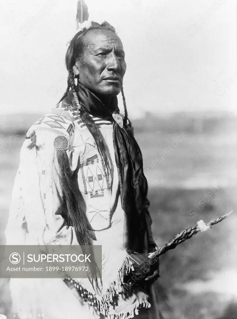 Big Mouth Spring, three-quarter length portrait, standing, facing right, braids, one feather, beaded buckskin shirt, decorated scalp lock on right shoulder, black silk neckerchief. 