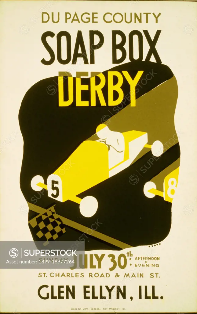 Poster showing soap box derby contestants crossing the finish line. 