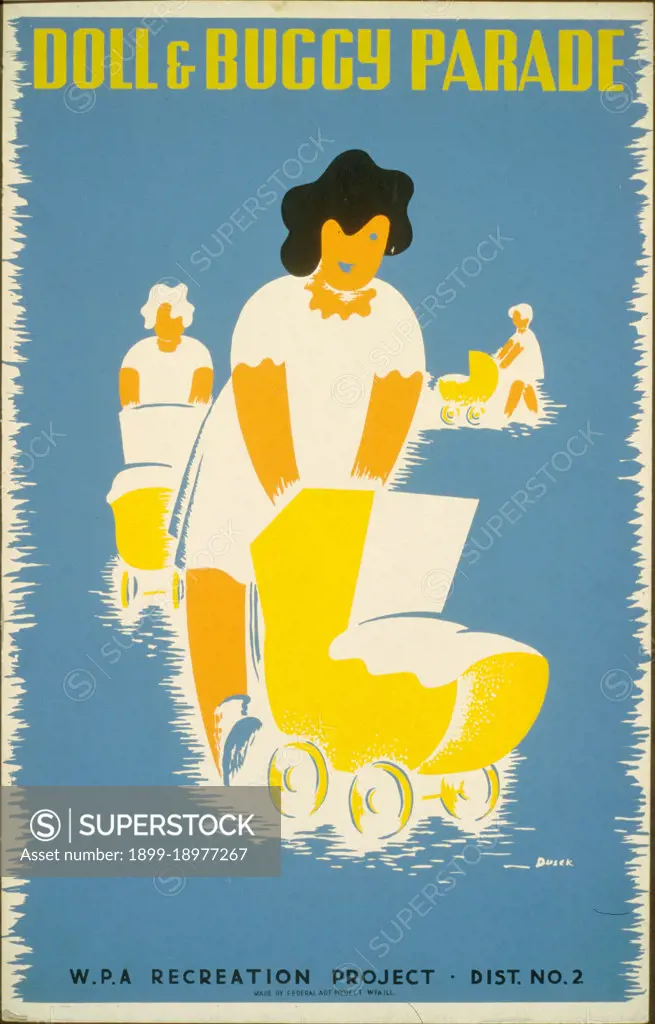 Poster showing parade of girls pushing baby carriages. 