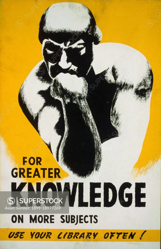 Poster promoting library use, showing a man in a pose based on Rodin's 'Thinker.'. 