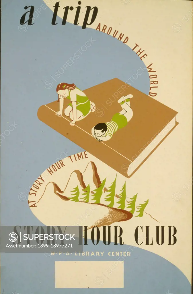 Poster for the WPA statewide library project, showing two children on a large book, looking down at mountains and trees. 