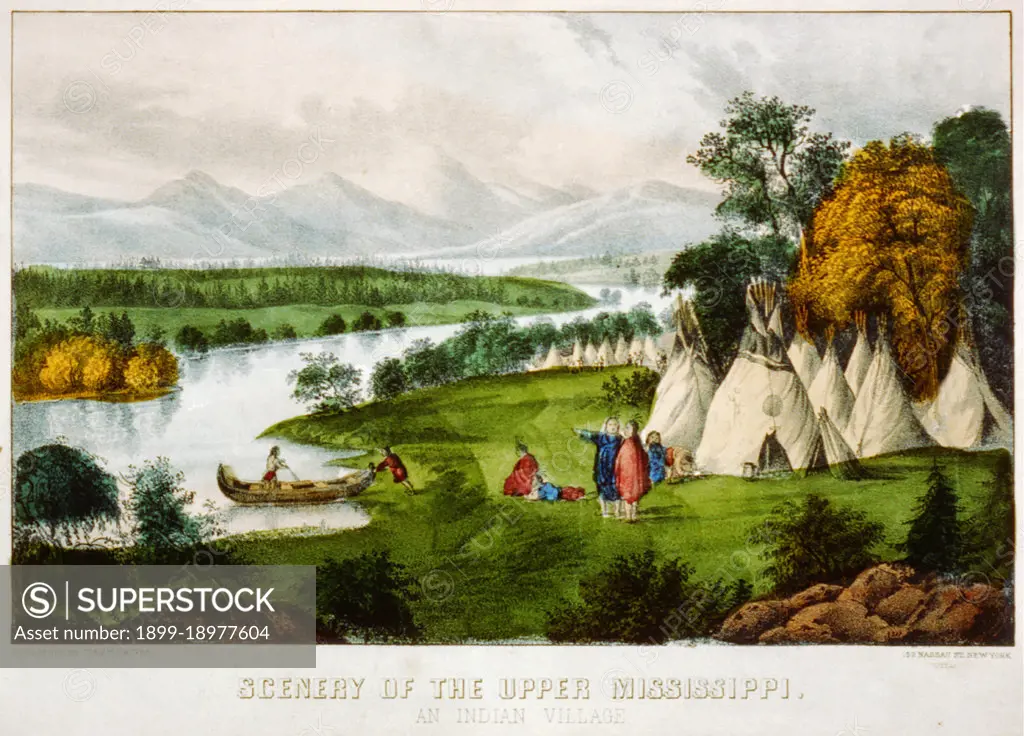 Scenery of the upper Mississippi an Indian village ca 1856-1907 printed. 