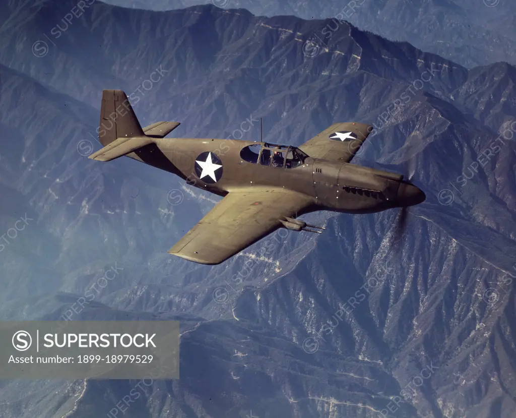 P-51 'Mustang' fighter in flight, Inglewood, Calif. The 'Mustang', built by North American Aviation, Incorporated, is the only American-built fighter used by the Royal Air Force of Great Britain - October 1942. 