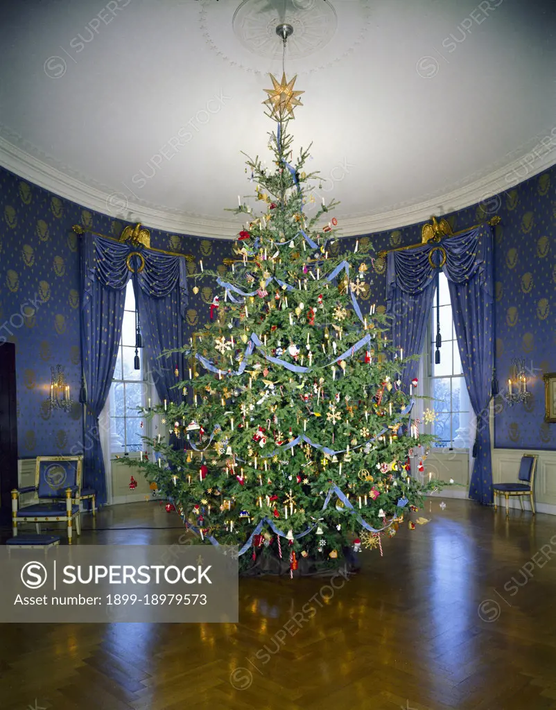 Large Christmas tree in the Blue Room of the Kennedy White House in December 1961. 