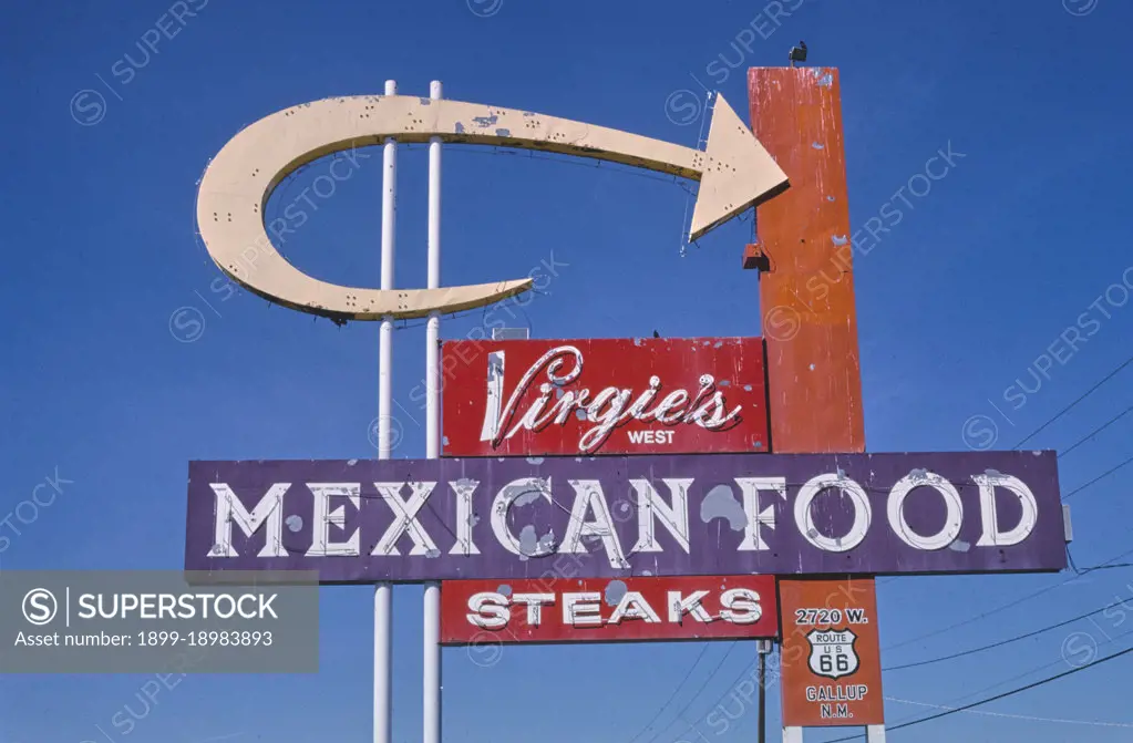 2000s America -  Virgie's Mexican Food sign, Grants, New Mexico 2003. 