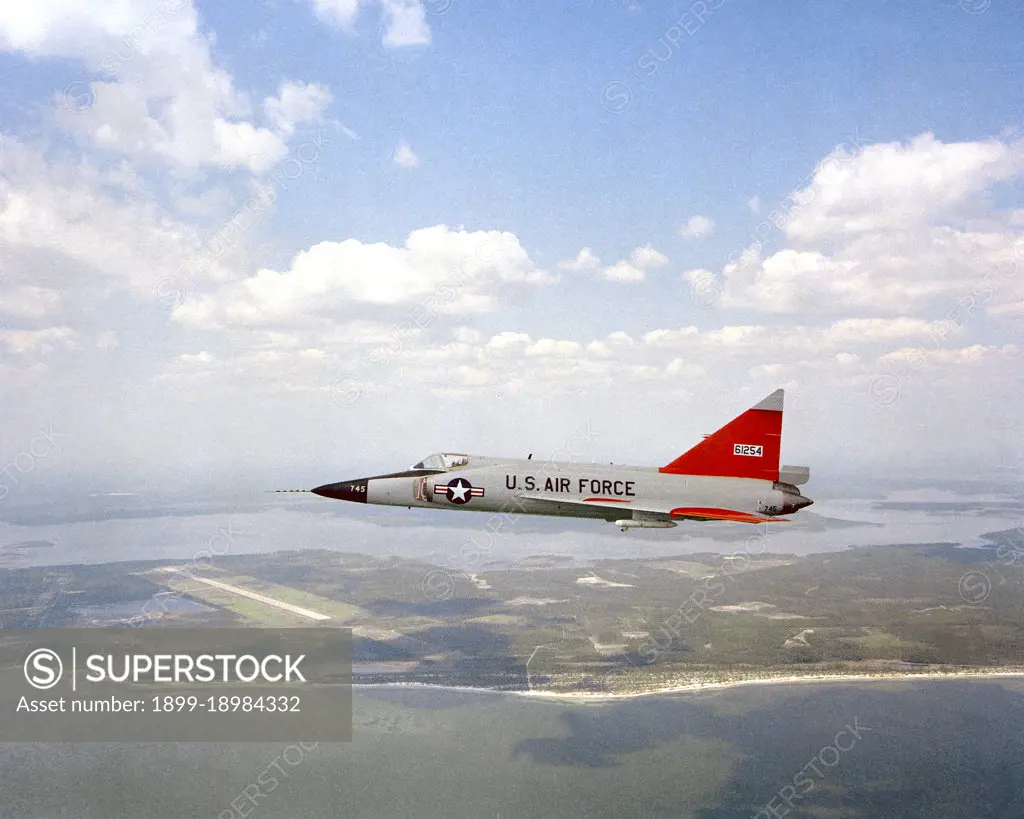 1980 - An air-to-air left side view of a PQM-102A Delta Dagger aircraft.. 