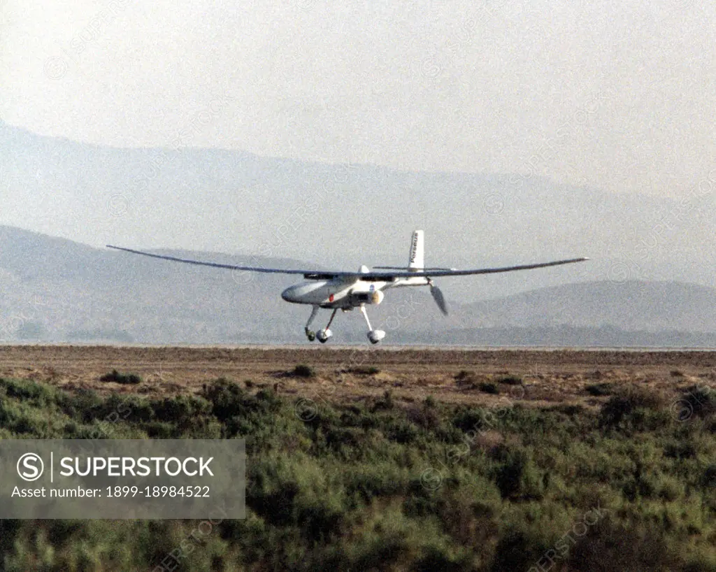 The Perseus B remotely piloted aircraft nears touchdown at Edwards Air Force Base, Calif. at the conclusion of a development flight at NASA's Dryden Flight Research Center. The Perseus B is the latest of three versions of the Perseus design developed by Aurora Flight Sciences under NASA's Environmental Research Aircraft and Sensor Technology (ERAST) program.. 