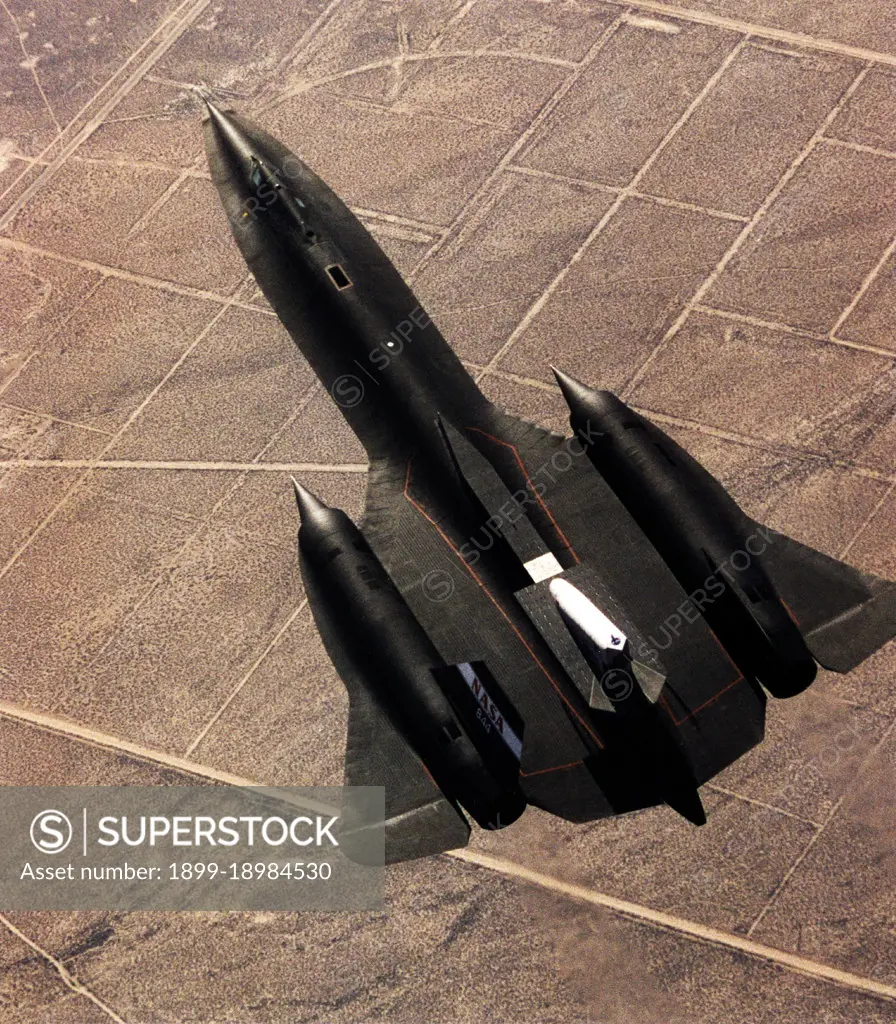 This photograph shows the SR-71 with the Linear Aerospike SR-71 Experiment on the rear fuselage as seen from above. The photo was taken on the first flight of the aircraft with the experiment aboard, which took place on 31 October 1997.. 