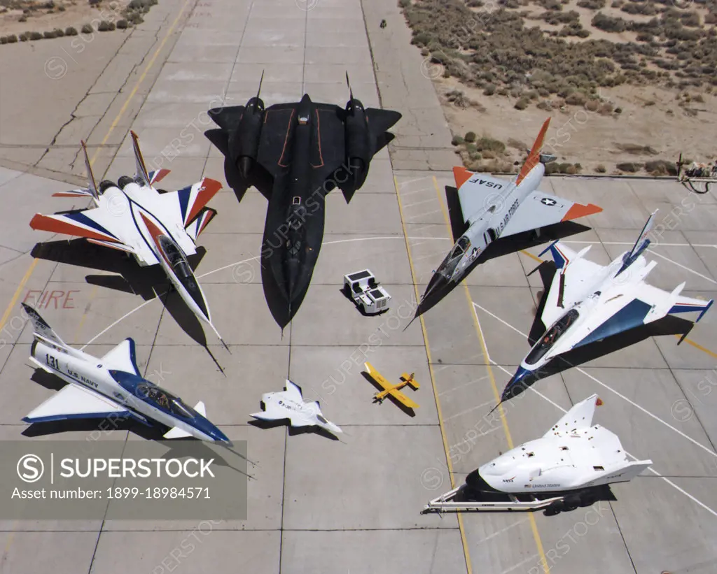 A collection of NASA's research aircraft on the ramp at the Dryden Flight Research Center in July 1997: X-31, F-15 ACTIVE, SR-71, F-106, F-16XL Ship #2, X-38, Radio Controlled Mothership and X-36.. 