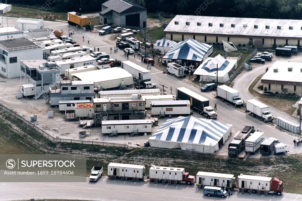 The filming of scenes for the movie 'Contact' by Warner Bros.' cast and crew at Kennedy Space Center's Launch Complex 39 Press Site on January 29 is captured by cameras on the roof of the Vehicle Assembly Building. The screenplay for 'Contact' is based on the best-selling novel by the late astronomer Carl Sagan. The cast includes Jodie Foster, Matthew McConaughey, John Hurt, James Woods, Tom Skerritt, David Morse, William Fichtner, Rob Lowe and Angela Bassett. Described by Warner Bros. as a science fiction drama, 'Contact' will depict humankind's first encounter with evidence of extraterrestrial life. 