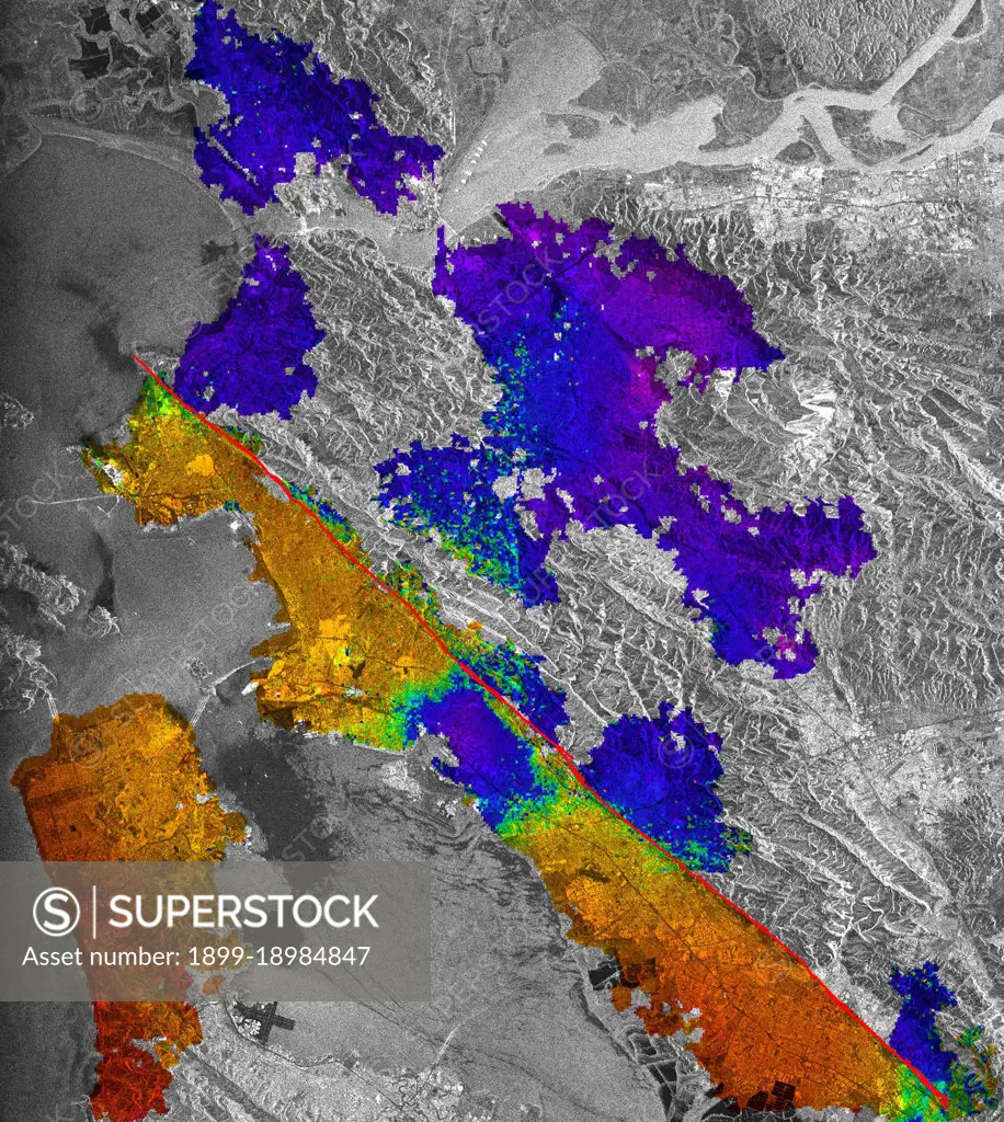 This image of California's Hayward fault is an interferogram created using a pair of images taken by ESA's ERS-1 and ERS-2 in June 1992 and September 1997 over the central San Francisco Bay in California.. 