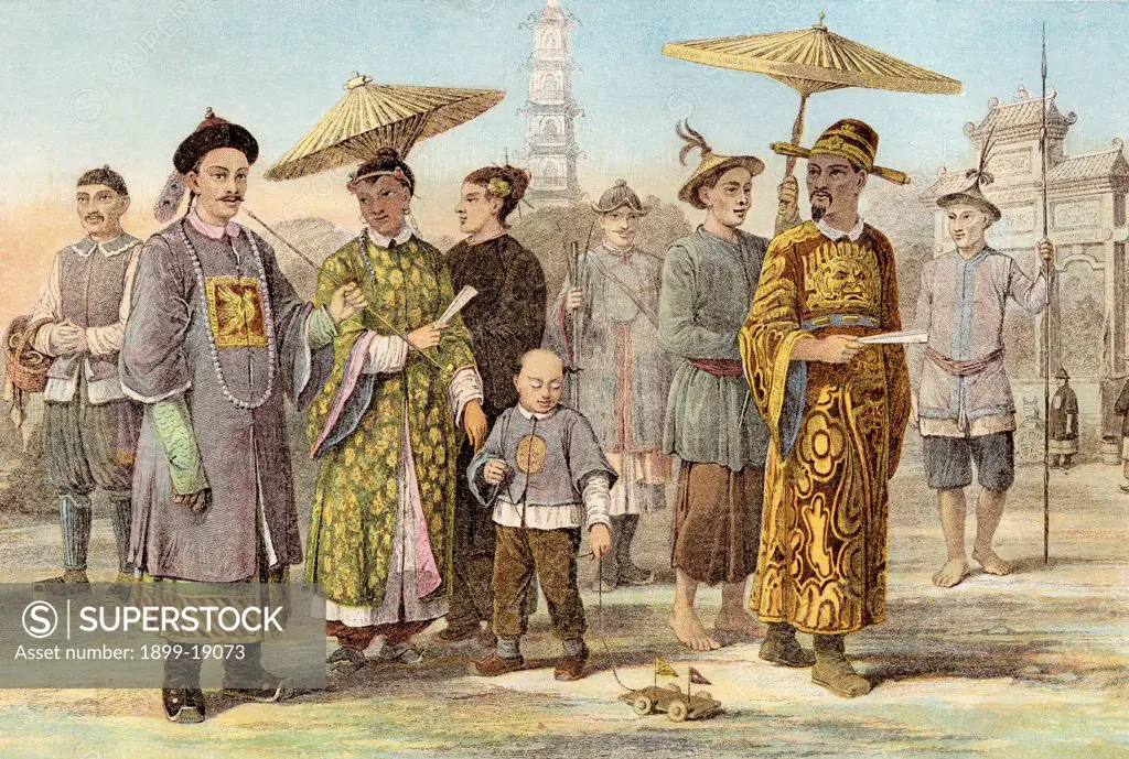 Typical dress of the Mongol Race - Chinese and Cochin Chinese From The Modern Cyclopedia published by The Gresham Publishing Co London 1903