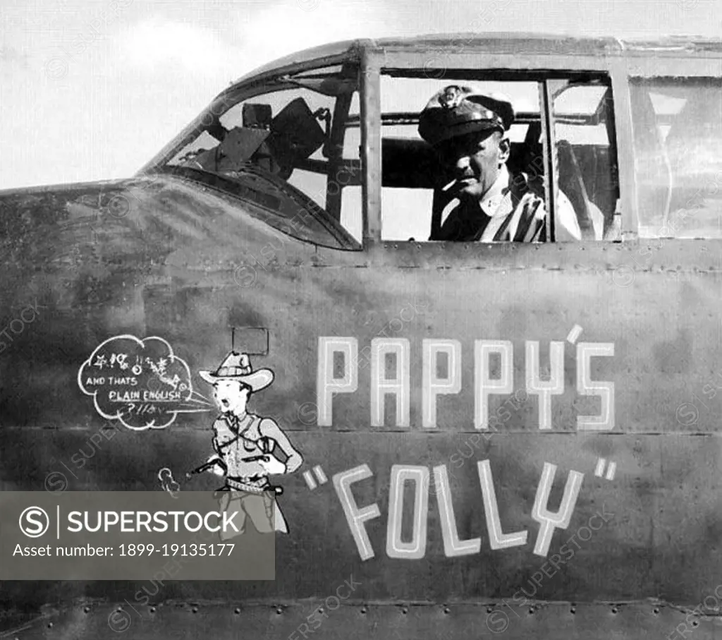 USA/Australia: Colonel Paul Irvin 'Pappy' Gunn (1899-1957), in the cockpit of his modified B-25 Mitchell medium bomber 'Pappy's Folly', Queensland, Australia, c. 1942