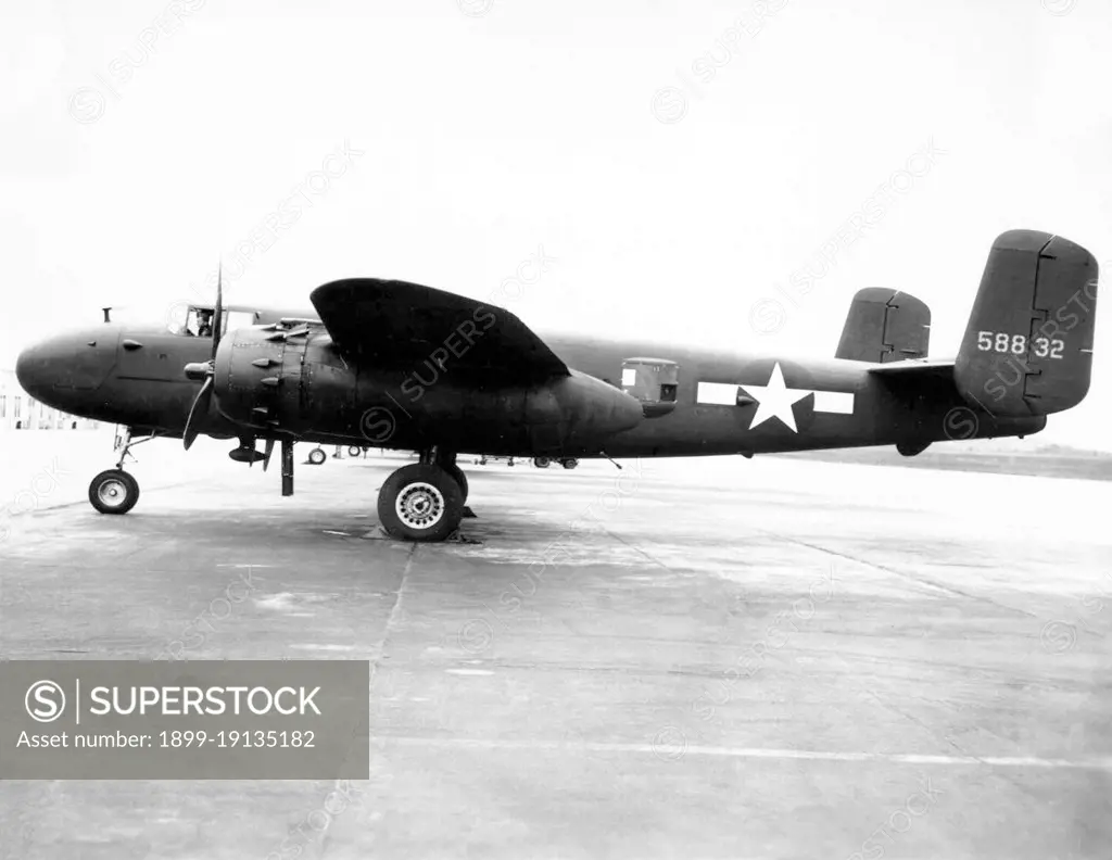 USA: A B-25 Mitchell medium bomber gunship parked on a runway c. 1945