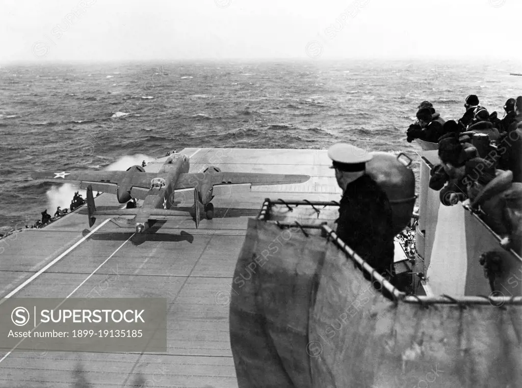 USA/Japan:  Lt. Col. James 'Jimmy' Doolittle performs a full-throttle takeoff in a B25 Mitchell Medium Bomber from the deck of the USS Hornet, 650 miles from Japan, for the 'Doolittle Raid' on Tokyo, 18 April 1942