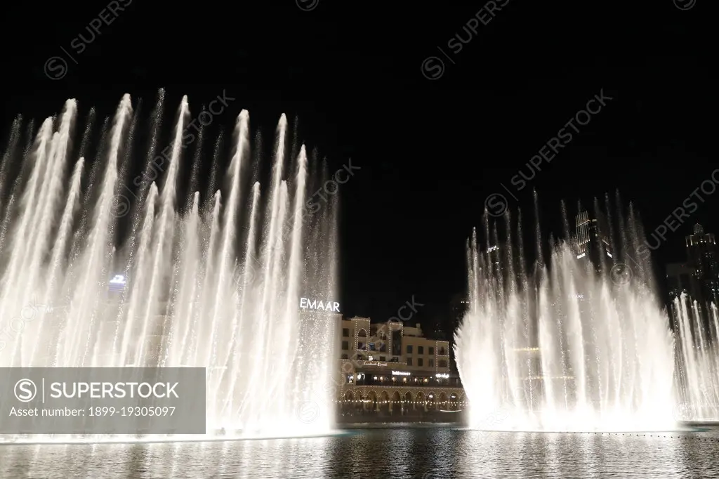 The dubai mall fountain show at night. Dubai. United Arab Emirates.