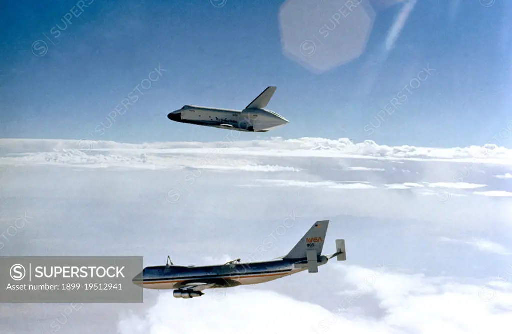 (12 Aug 1977) --- The Shuttle Orbiter 101 'Enterprise' soars above the NASA 747 carrier aircraft only seconds after separating during the first free flight of the Shuttle Approach and Landing Tests (ALTs) conducted on August 12, 1977 at Dryden Flight Research Center in Southern California.