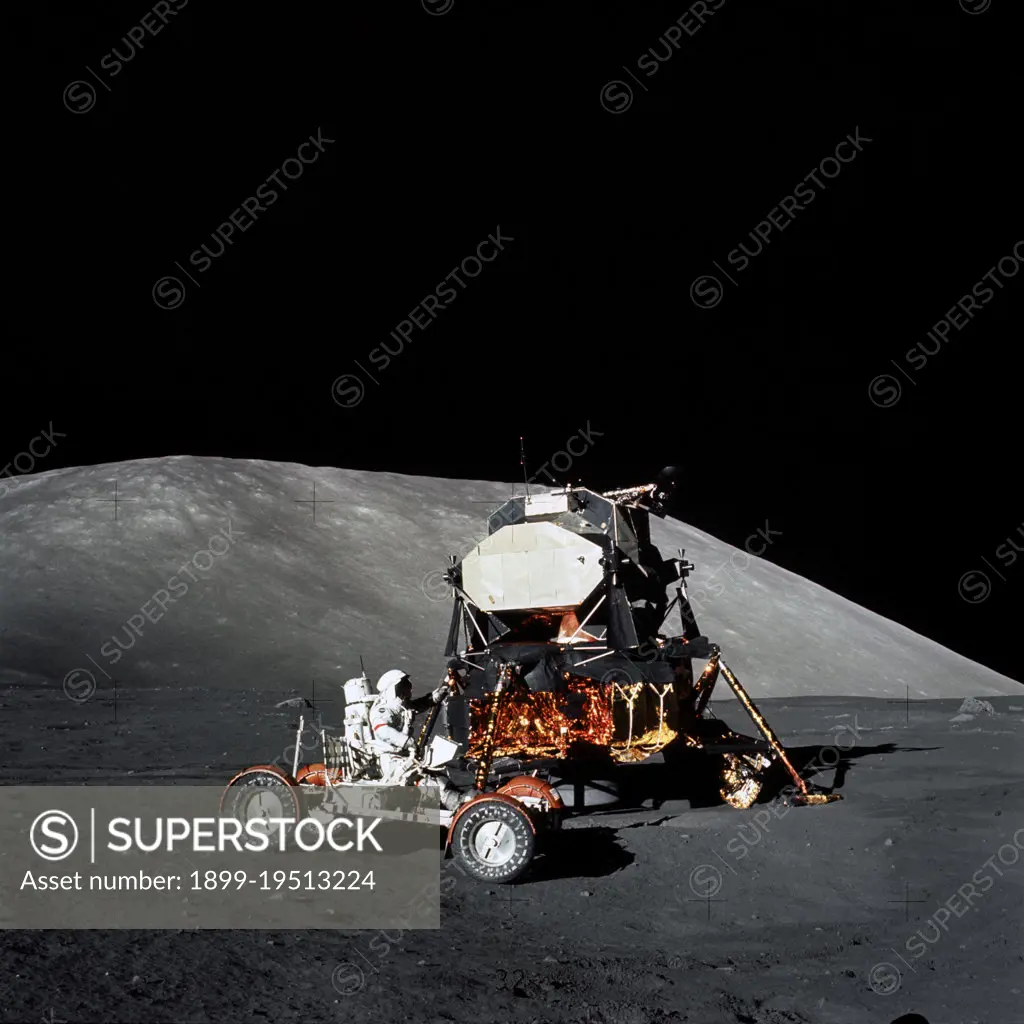 (11 Dec. 1972) --- Astronaut Eugene A. Cernan, Apollo 17 mission commander, makes a short checkout of the Lunar Roving Vehicle during the early part of the first Apollo 17 extravehicular activity (EVA) at the Taurus-Littrow landing site.