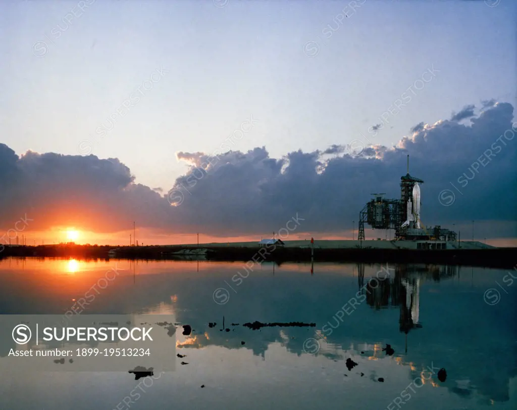 (March 1981) --- An early morning scene at the Kennedy Space Center's Launch Complex 39, with the space shuttle Columbia in position on Pad A at right.