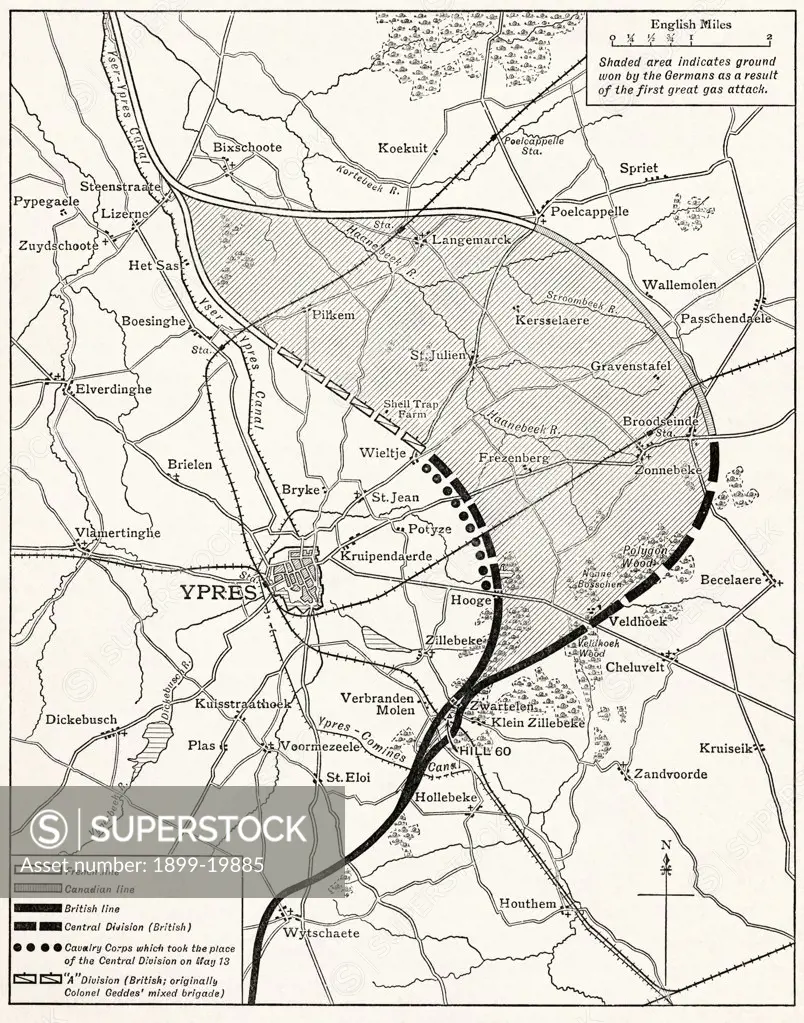 Map showing the Ypres Salient before and after the Second Battle of Ypres April and May 13 1915. From The Great World War A History Volume III, published 1916.