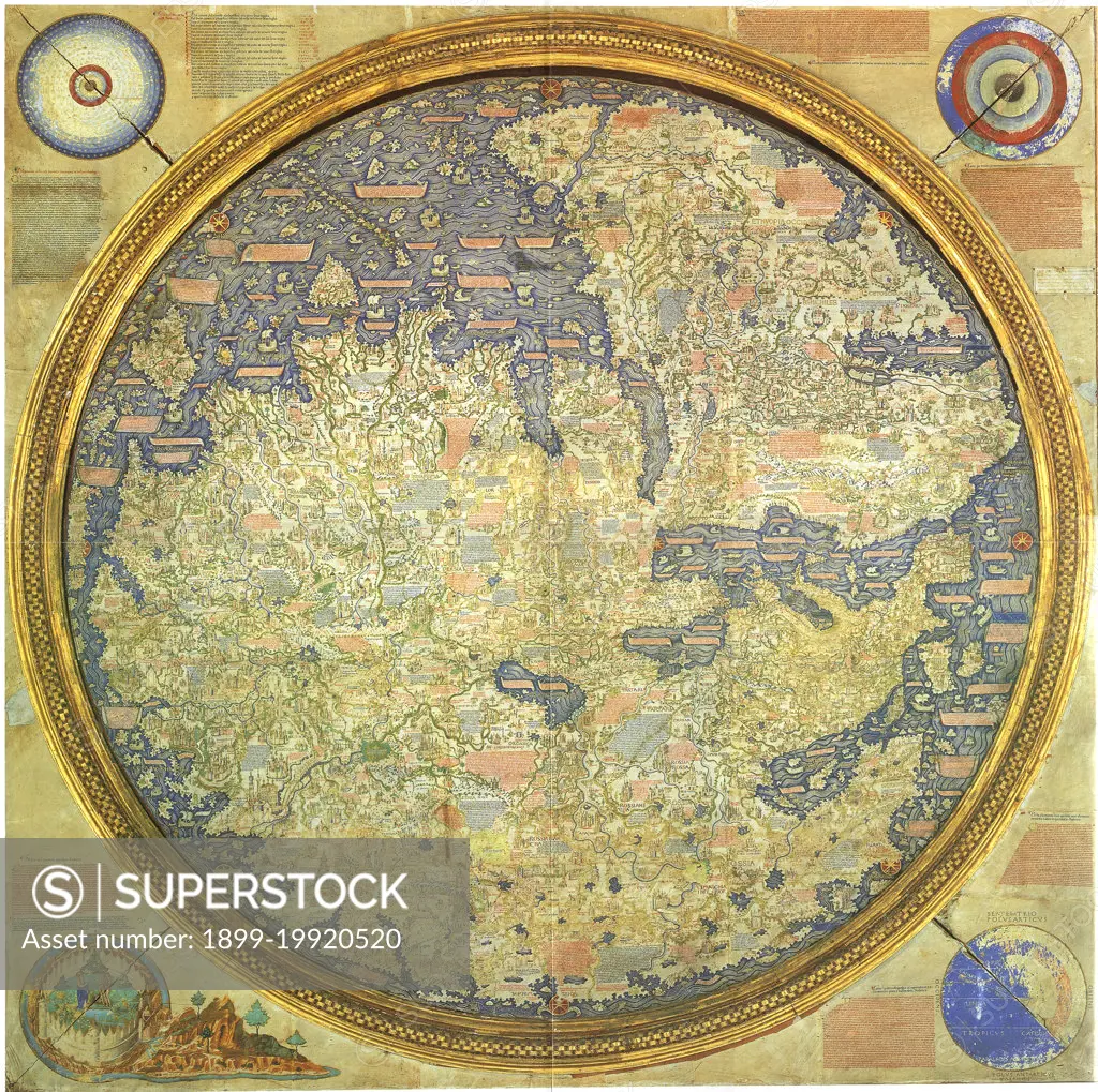 Fra Mauro map, 1460, Fra Mauros Weltkarte ist eine historische Weltkarte, Mappa mundi, vom venezianischen Mönch und Kartografen Fra Mauro 1457 bis 1459 im Auftrag des portugiesischen Königs Alfons V. gefertigt  /  Fra Mauro map, 1460, Fra Mauro's map of the world is a historical map of the world, Mappa mundi, made by the Venetian monk and cartographer Fra Mauro in 1457 to 1459 by order of the Portuguese King Alfonso V., Historisch, historical, digital improved reproduction of an original artwork from the time / digital restaurierte Reproduktion einer Originalvorlage aus der damaligen Zeit, genaues Originaldatum nicht bekannt.