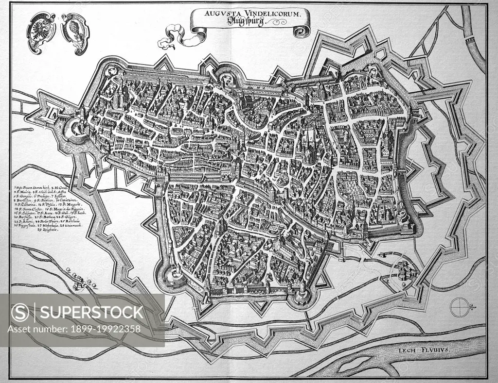 Augsburg, Stadtplan im Mittelalter, Schwaben, Bayern, Deutschland  /  Augsburg, city map in the Middle Ages, Swabia, Bavaria, Germany, historical, digital improved reproduction of an original from the 18th century / digital restaurierte Reproduktion einer Originalvorlage aus dem 18. Jahrhundert, genaues Originaldatum nicht bekannt.