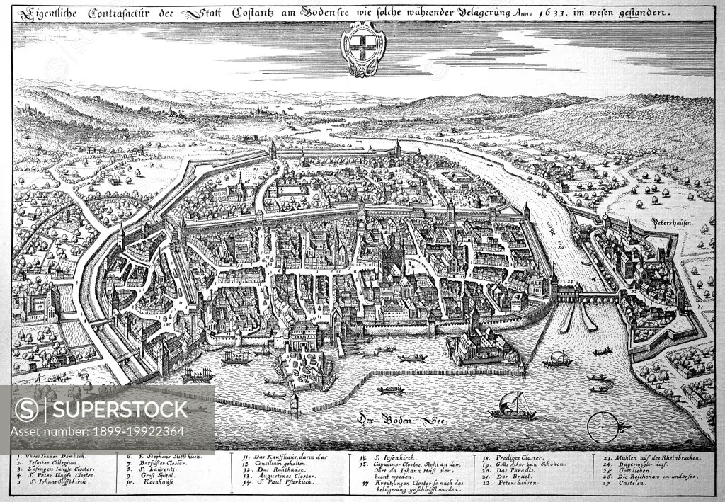 Konstanz am Bodensee im Mittelalter, Stadtplan, Baden-Württemberg, Deutschland  /  Constance on Lake Constance in the Middle Ages, city map, Baden-Württemberg, Germany, historical, digital improved reproduction of an original from the 18th century / digital restaurierte Reproduktion einer Originalvorlage aus dem 18. Jahrhundert, genaues Originaldatum nicht bekannt.