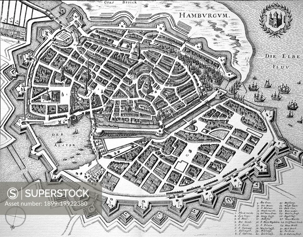 Hamburg im Mittelalter, Stadtplan, Deutschland  /  Hamburg in the Middle Ages, city map, Germany, historical, digital improved reproduction of an original from the 18th century / digital restaurierte Reproduktion einer Originalvorlage aus dem 18. Jahrhundert, genaues Originaldatum nicht bekannt.