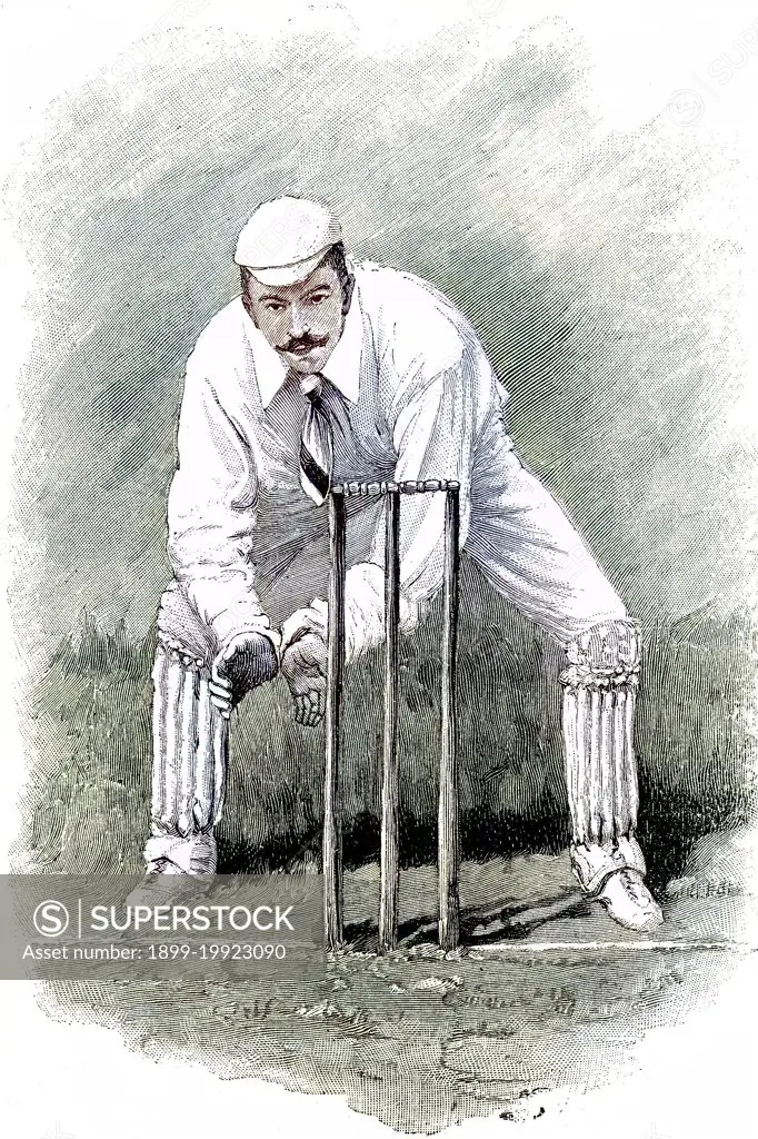 The wicketkeeper, English cricket player, man in typical clothing and play attitude, c. 1870  /  Der Wicketkeeper, englischer Kricketspieler, Mann in typischer Kleidung und Spielhaltung, um 1870, historical, digital improved reproduction of an original from the 19th century / digitale Reproduktion einer Originalvorlage aus dem 19. Jahrhundert, Originaldatum nicht bekannt, Kolorierung, koloriert, handkoloriert, Hand-colouring, hand coloured, colored.