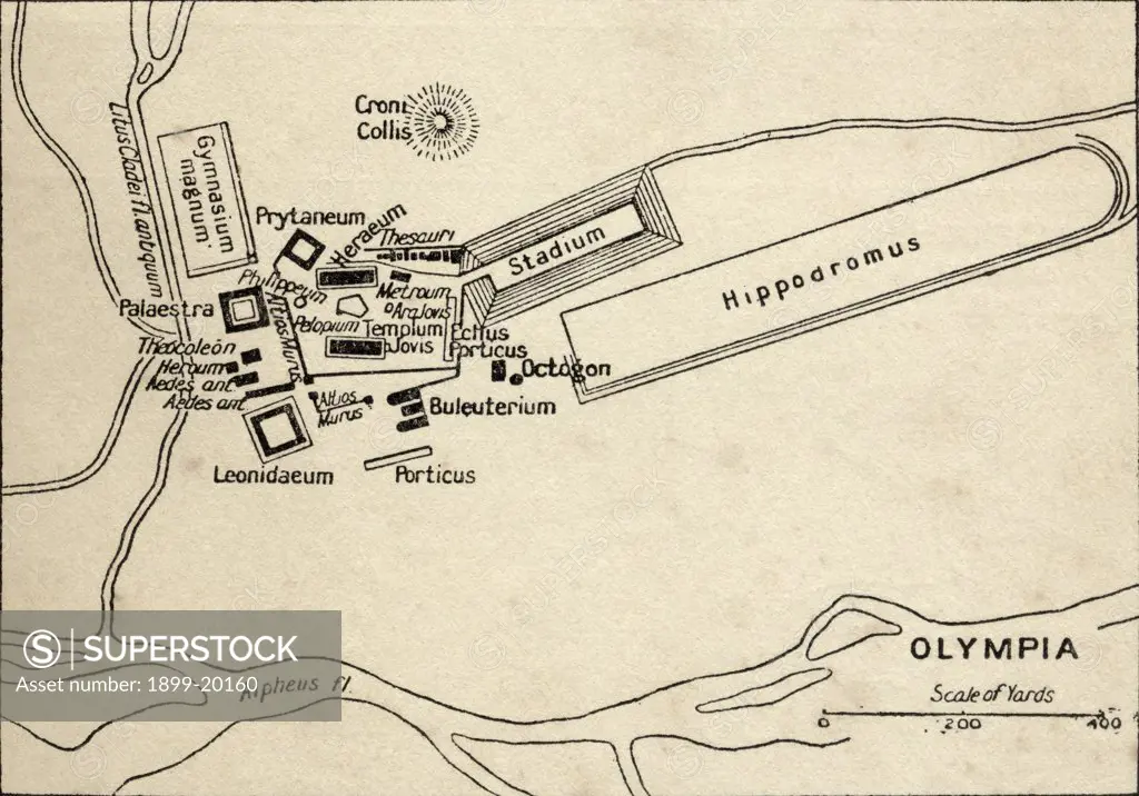 Map of Olympia, Greece. From the book Atlas of Ancient and Classical Geography published 1928.