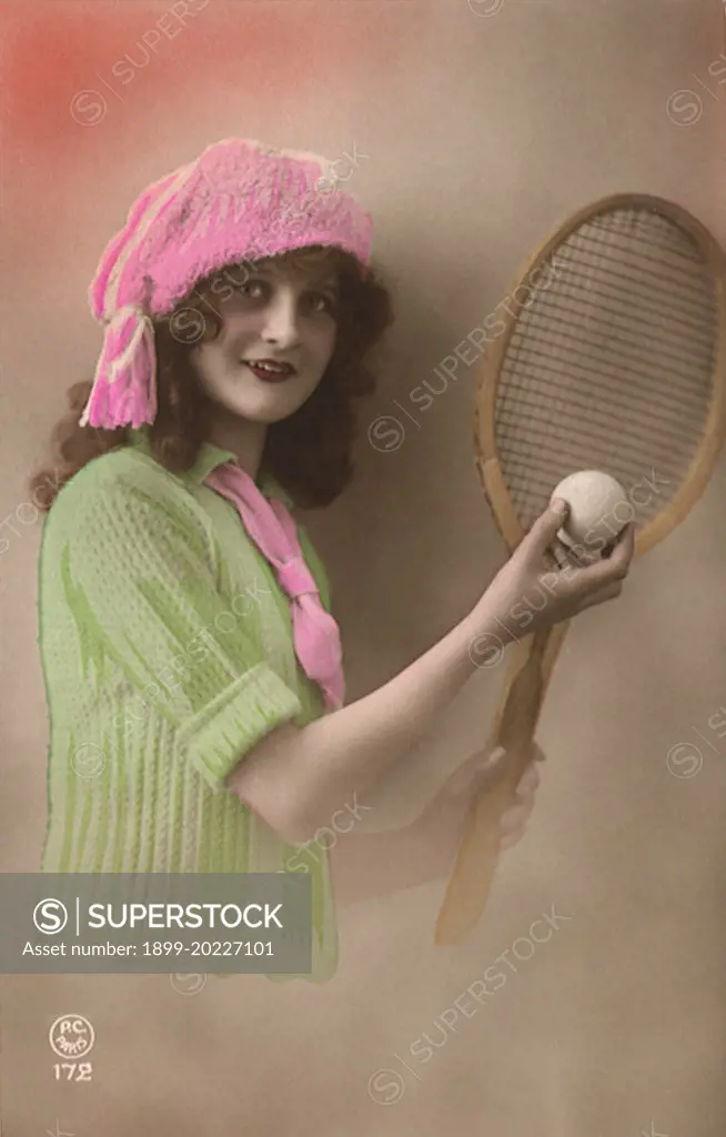 French Woman with Tennis Racquet and ball. 