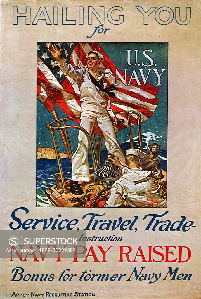 Sailor on boat with monkey and fruit for US Navy Poster. 