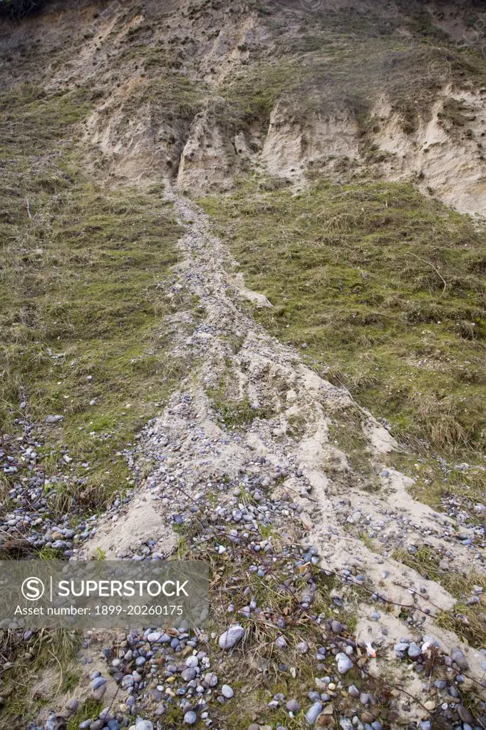 Crumbling soft rock cliff showing mass movement at Dunwich, Suffolk, England