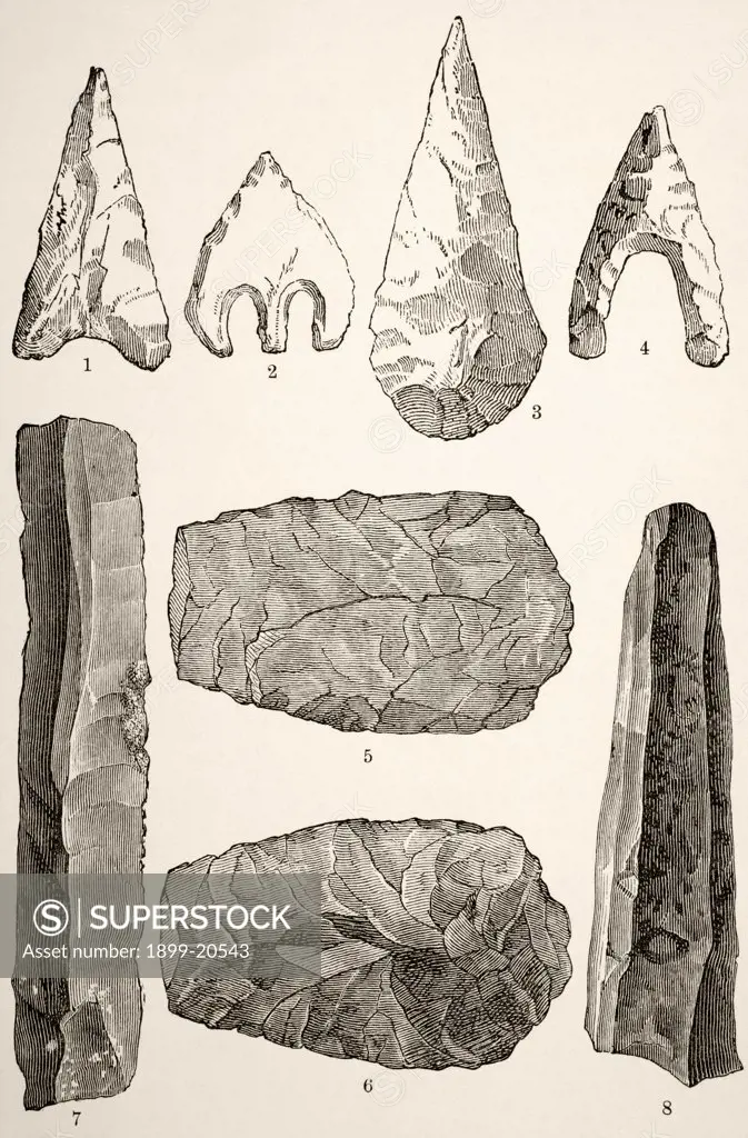 Prehistoric flint implements. 1,2,3 and 4. Flint Arrow Heads. 5 and 6. Flint Axes. 7. Flint knife. 8. FLint scraper. From the book Chips From The Earth's Crust published 1894.