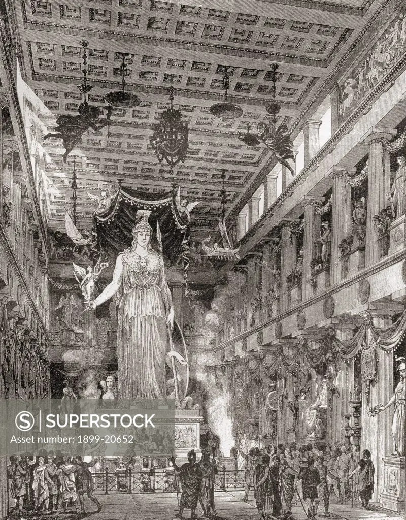 The great ivory and gold statue of Athena in the Parthenon, Greece, as it would have looked in ancient times. From the book Harmsworth History of the World published 1908.