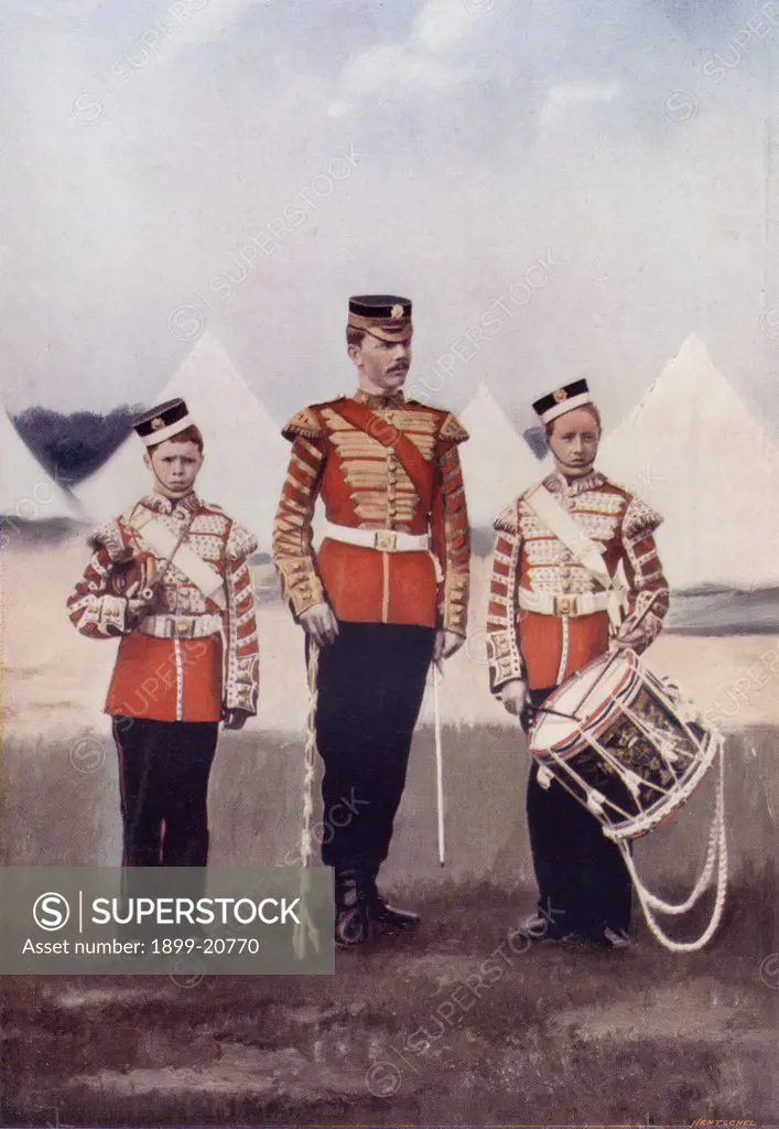 Drum major and drummers, Coldstream Guards in the late 19th century. From the book South Africa and the Transvaal War, Volume 1 by Louis Creswicke, published 1900.