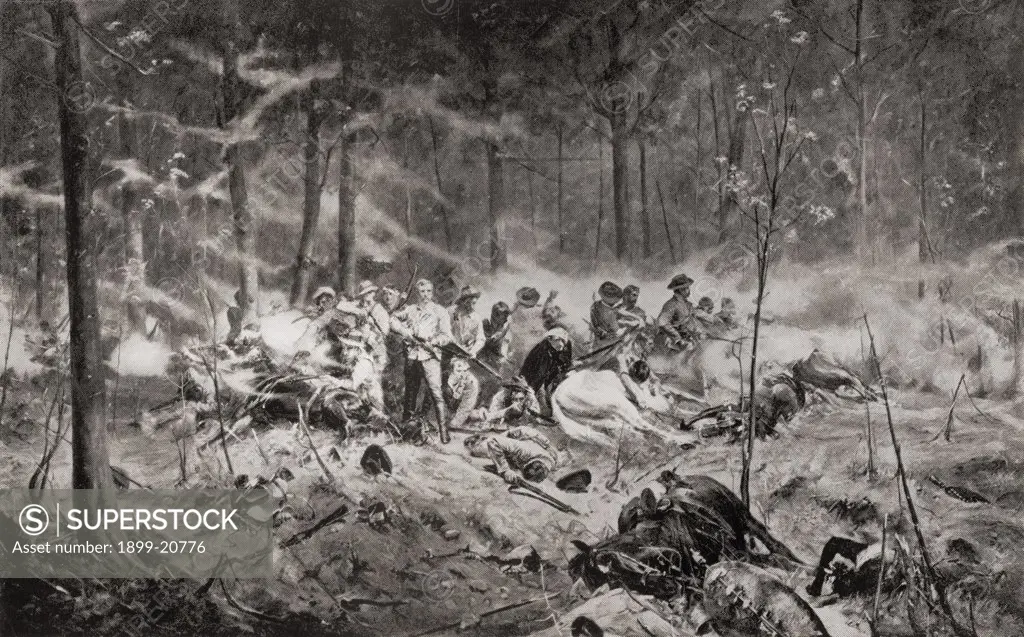 The last stand of Major Allan Wilson on the Shangani River, Matabeleland, during the First Matabele War in 1893. After the painting by Allan Stewart from the book South Africa and the Transvaal War, Volume 1 by Louis Creswicke, published 1900.