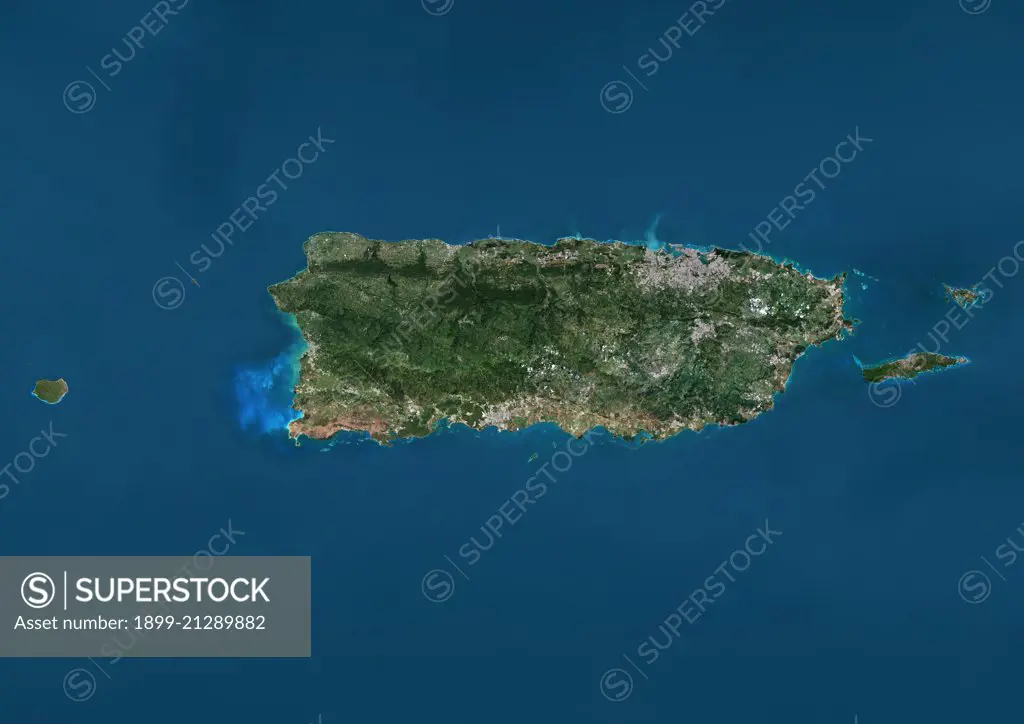 Satellite view of Puerto Rico. This image was compiled from data acquired by Landsat satellites.